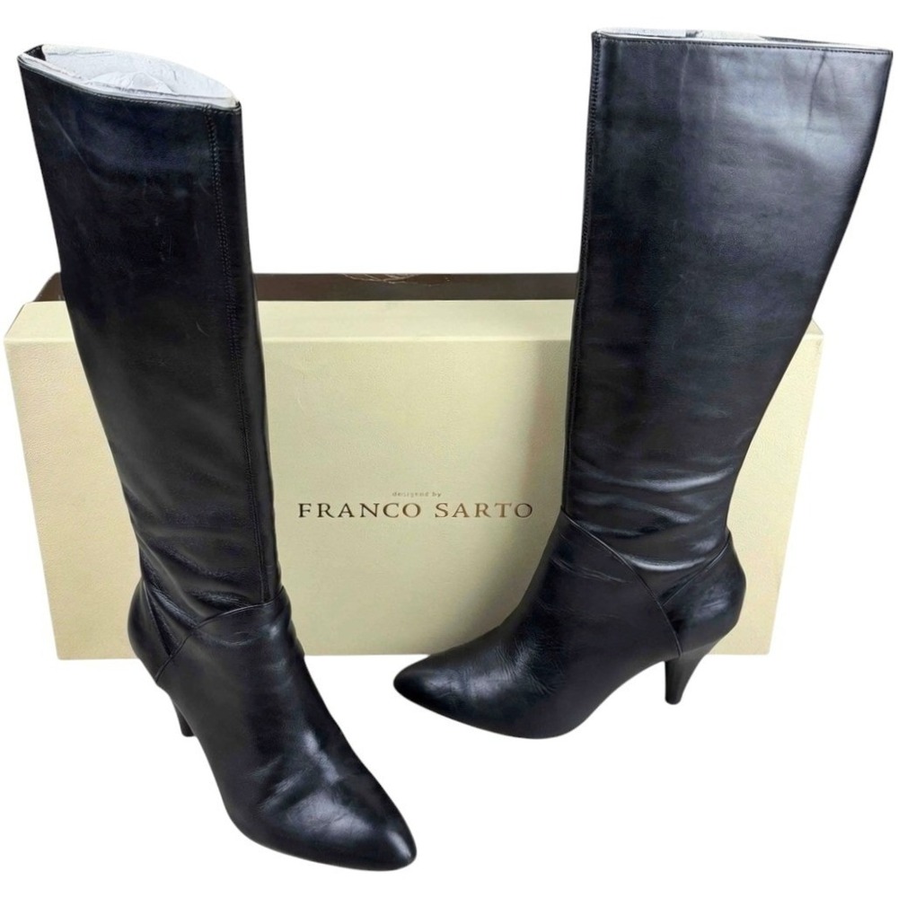 Franco Sarto Women's 5.5 Black Leather Tall Knee High Kitten Heel Pointed Boots